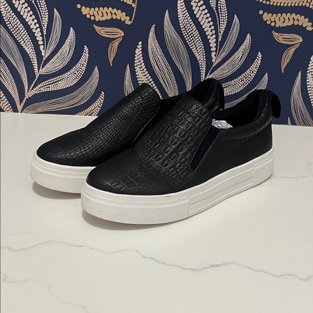 Lulu's Black Croc-Embossed Slip-On Sneakers